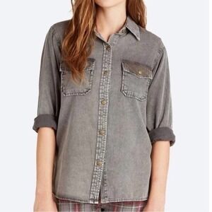 Current/Elliott Perfect Shirt Women Size‎ 6 Grey Pinstripe Studded Denim Button